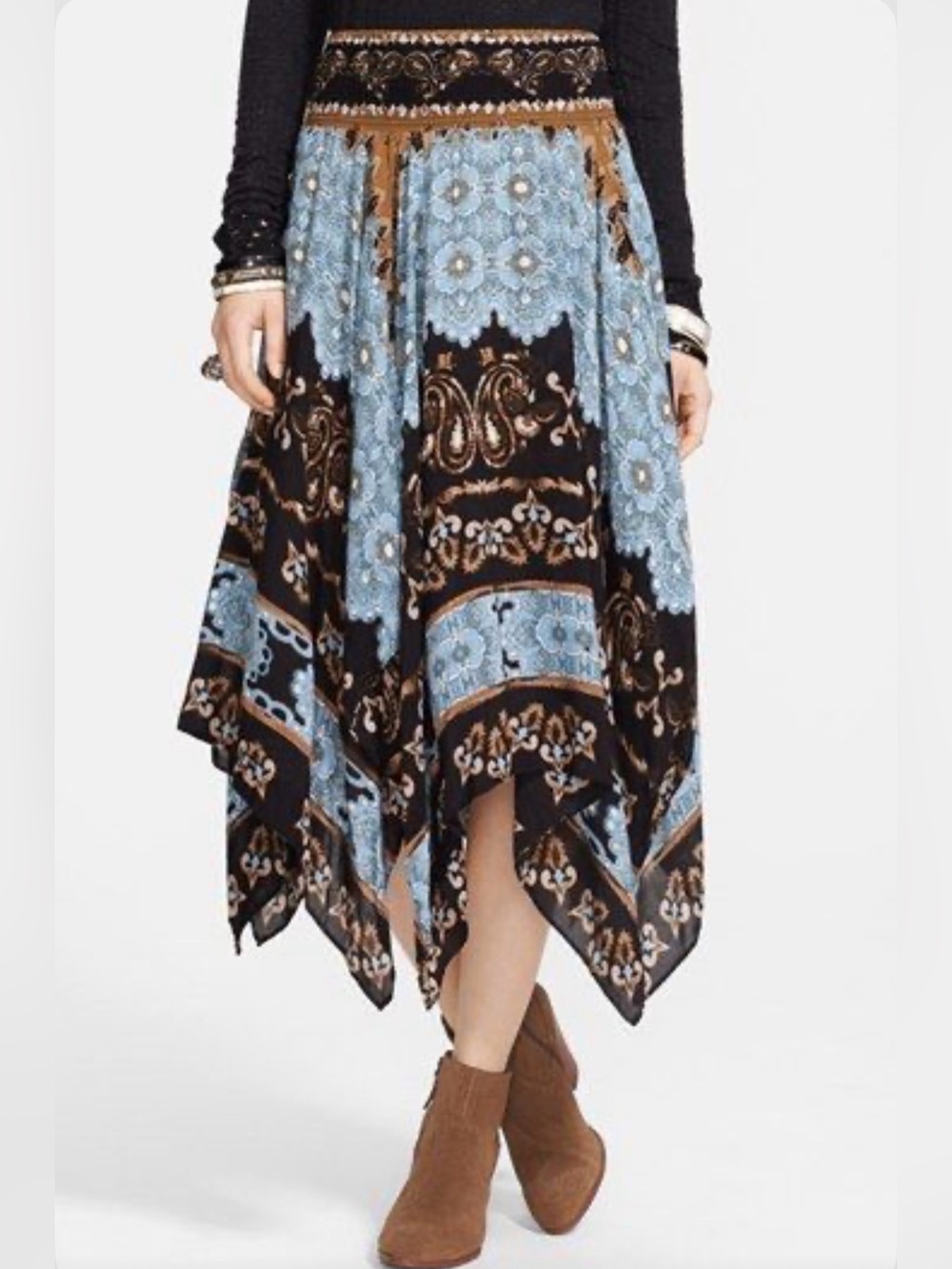 Free People Asymmetrical Handkerchief Hem Skirt in Black, Light Blue & Brown